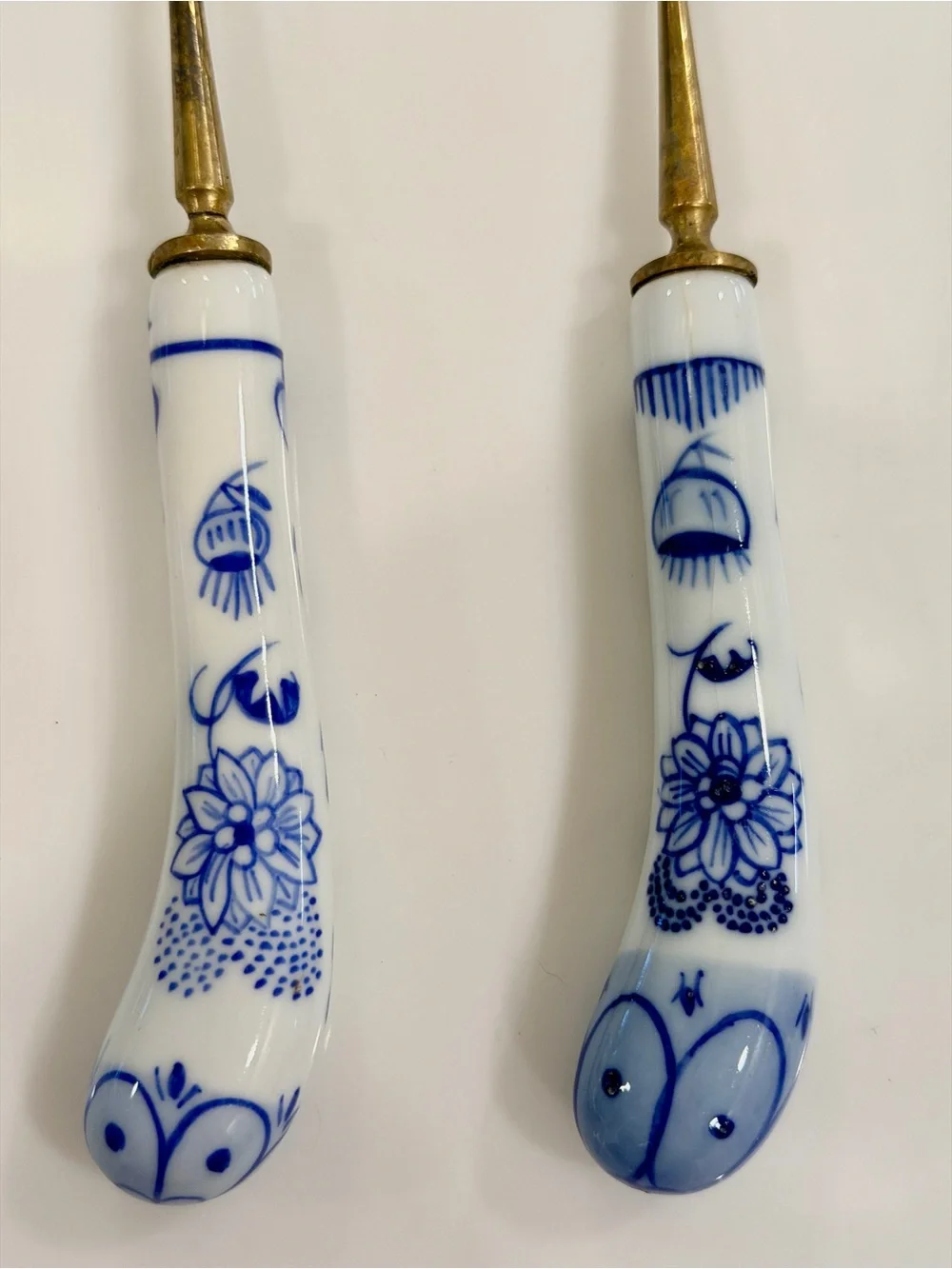 Meissen Style Blue Floral Porcelain Handle Salad Serving Set